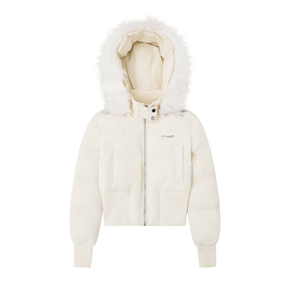 Short Puffer Jacket with Detachable Fur Collar and Hood