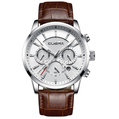 CUENA Men's Watches Stopwatch Date Luminous Hands Genuine Leather 30M Waterproof Clock Man Quartz Watches Men Fashion Watch
