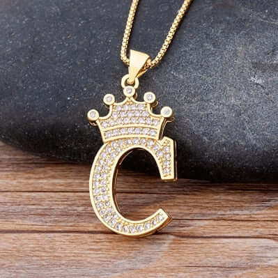 Zircon A-Z Crown Alphabet Pendant Chain Necklace Initial Name Jewelry