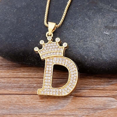 Zircon A-Z Crown Alphabet Pendant Chain Necklace Initial Name Jewelry
