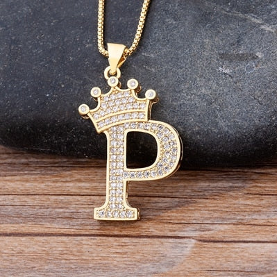 Zircon A-Z Crown Alphabet Pendant Chain Necklace Initial Name Jewelry