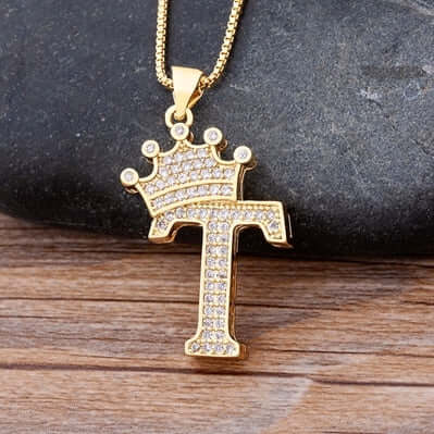 Zircon A-Z Crown Alphabet Pendant Chain Necklace Initial Name Jewelry
