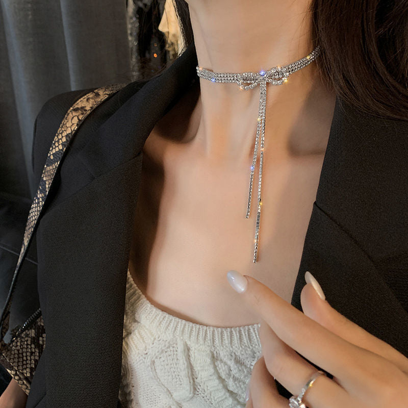 Niche High Quality Bow Diamond Tassel Necklace Personality Necklace Ladies Ins Cool Style Accessories