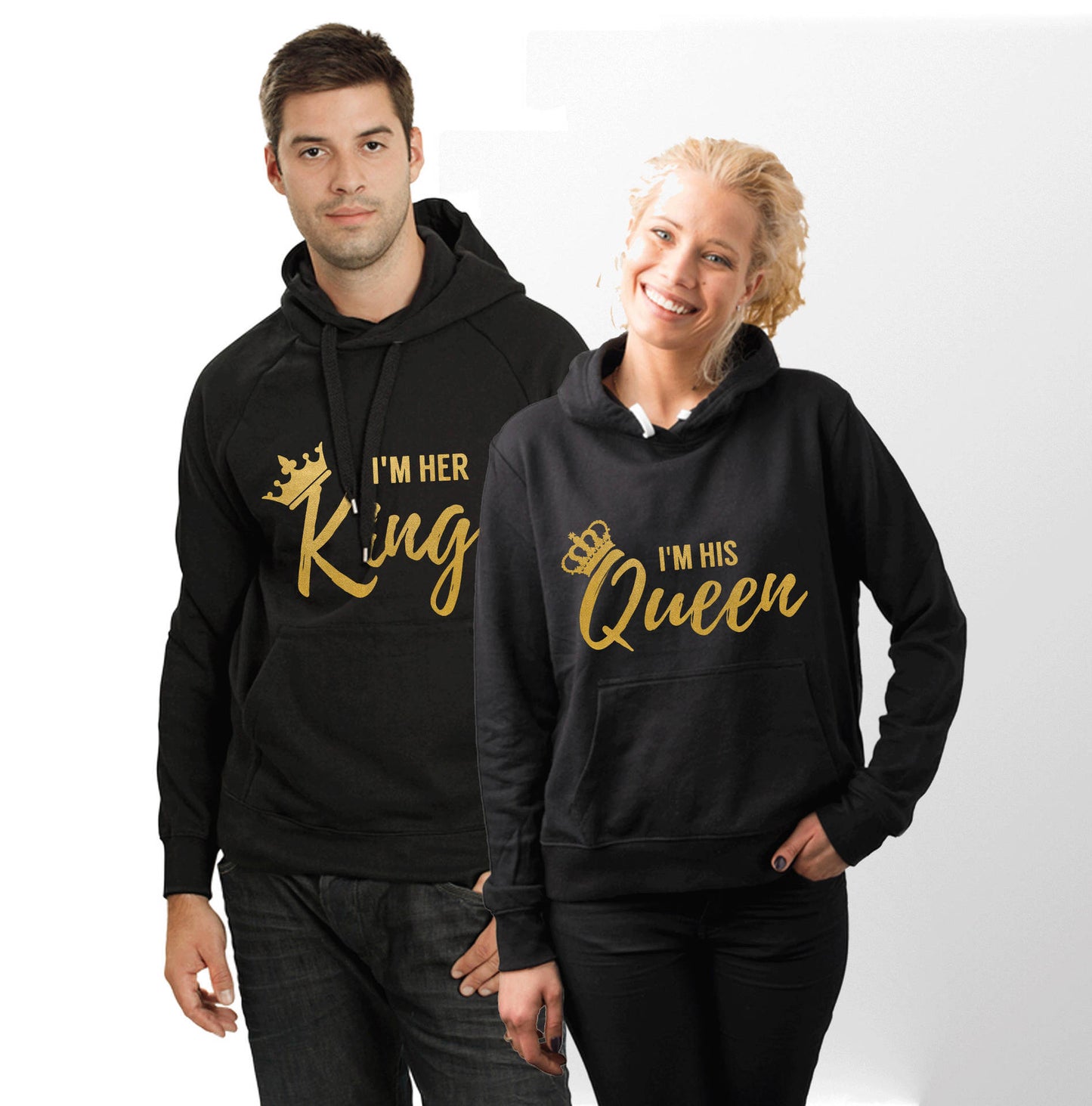 Couple Hooded Sweatshirt with Fleece Lining "I Am His King Queen&quotGold Letter Creative Sweatshirt
