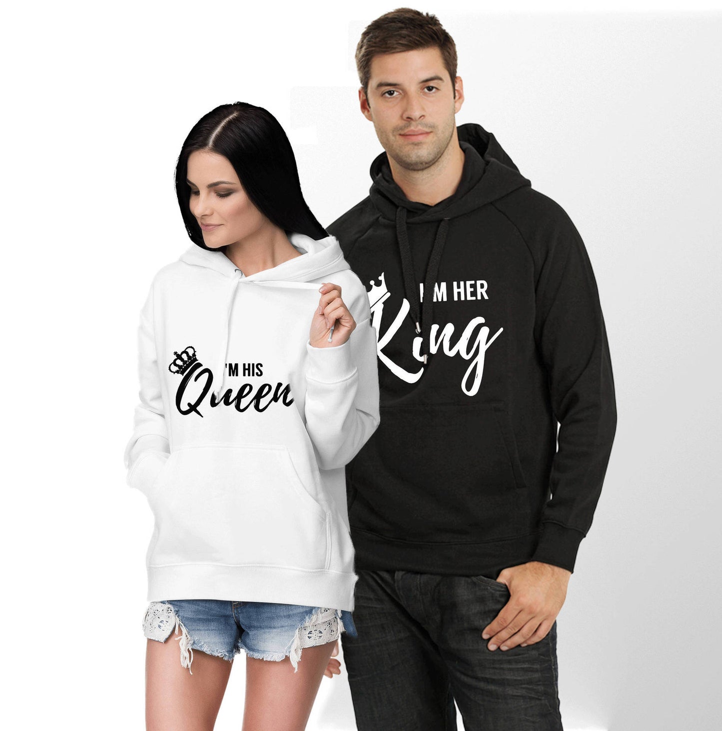 Couple Hooded Sweatshirt with Fleece Lining "I Am His King Queen&quotGold Letter Creative Sweatshirt