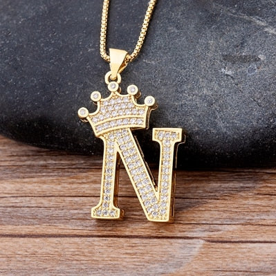 Zircon A-Z Crown Alphabet Pendant Chain Necklace Initial Name Jewelry