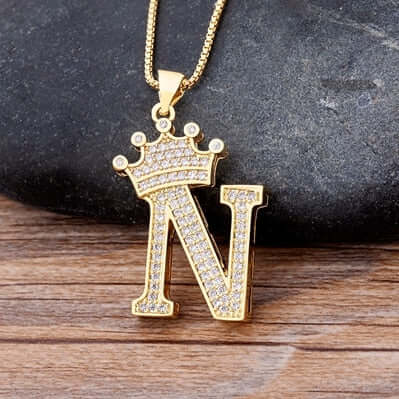 Zircon A-Z Crown Alphabet Pendant Chain Necklace Initial Name Jewelry