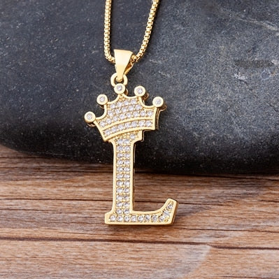 Zircon A-Z Crown Alphabet Pendant Chain Necklace Initial Name Jewelry