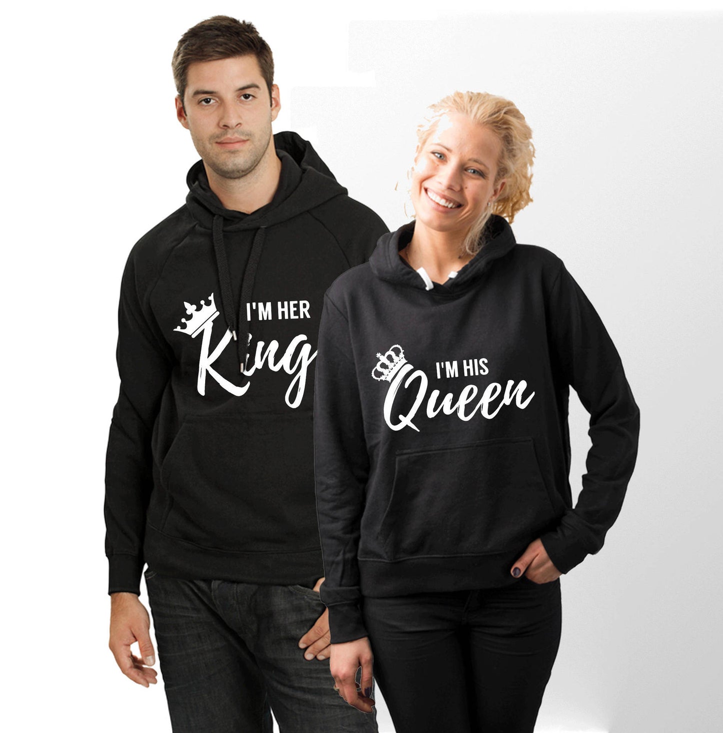 Couple Hooded Sweatshirt with Fleece Lining "I Am His King Queen&quotGold Letter Creative Sweatshirt