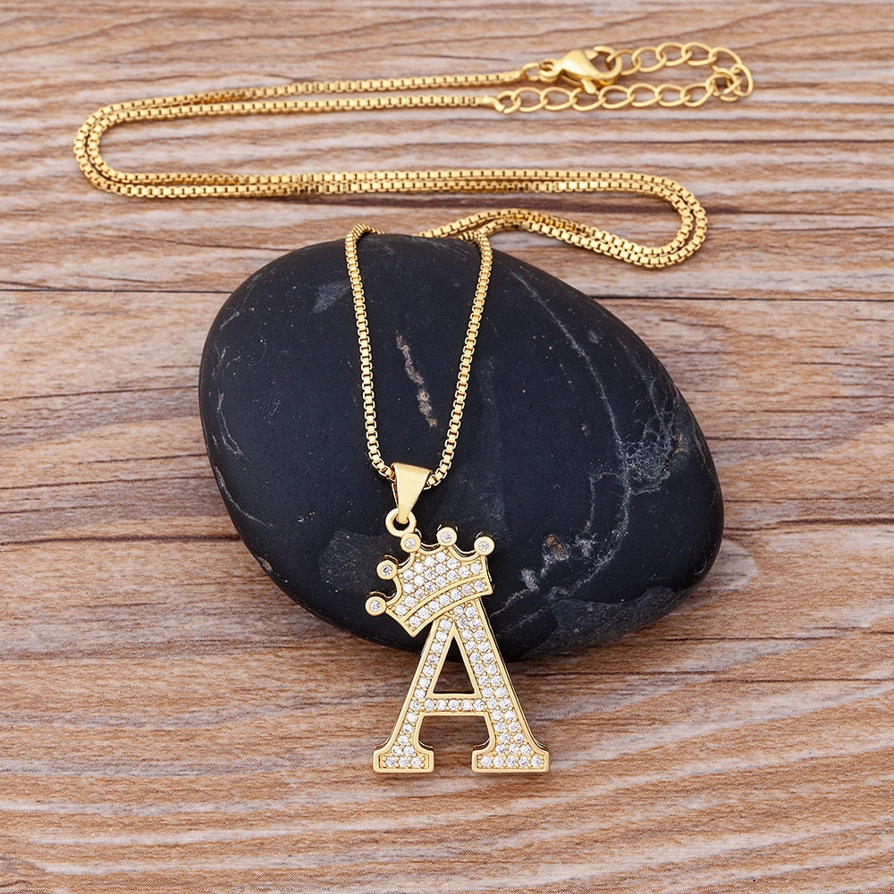 Zircon A-Z Crown Alphabet Pendant Chain Necklace Initial Name Jewelry