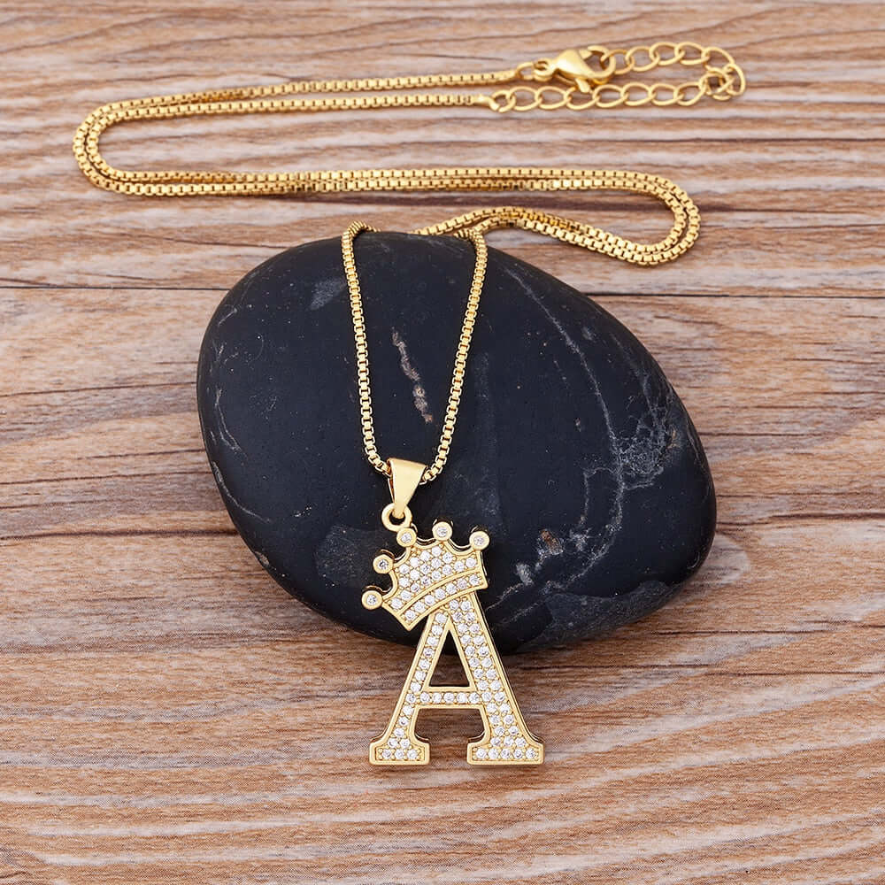 Zircon A-Z Crown Alphabet Pendant Chain Necklace Initial Name Jewelry