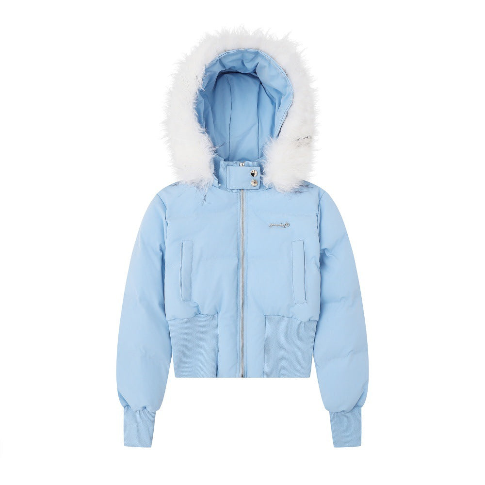 Short Puffer Jacket with Detachable Fur Collar and Hood