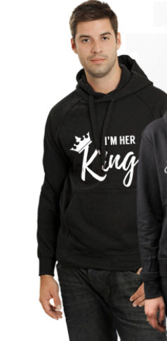 Couple Hooded Sweatshirt with Fleece Lining "I Am His King Queen&quotGold Letter Creative Sweatshirt