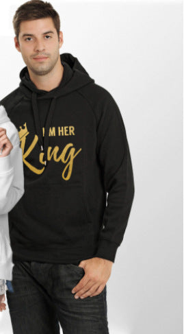 Couple Hooded Sweatshirt with Fleece Lining "I Am His King Queen&quotGold Letter Creative Sweatshirt