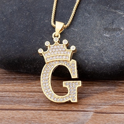 Zircon A-Z Crown Alphabet Pendant Chain Necklace Initial Name Jewelry