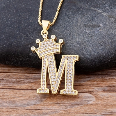 Zircon A-Z Crown Alphabet Pendant Chain Necklace Initial Name Jewelry