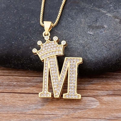 Zircon A-Z Crown Alphabet Pendant Chain Necklace Initial Name Jewelry