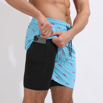 New Mens Casual Beach Sports Shorts Printed Double Layer Shorts Mens Anti glare Plus Size