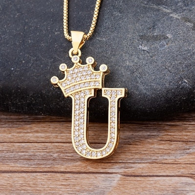 Zircon A-Z Crown Alphabet Pendant Chain Necklace Initial Name Jewelry