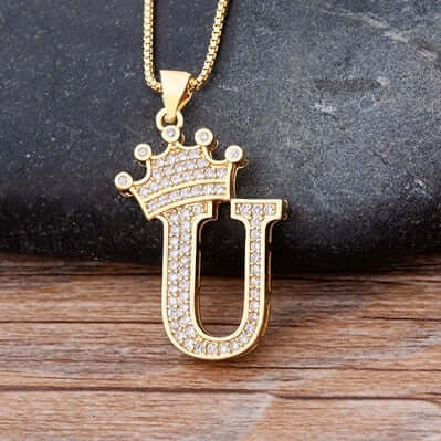 Zircon A-Z Crown Alphabet Pendant Chain Necklace Initial Name Jewelry