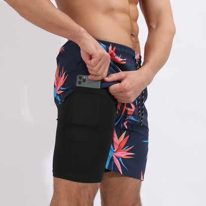 New Mens Casual Beach Sports Shorts Printed Double Layer Shorts Mens Anti glare Plus Size