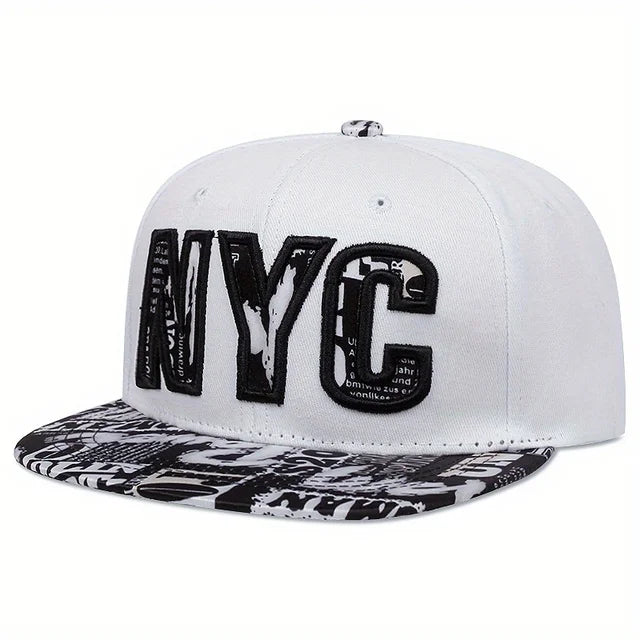 Flat brimmed hat embroidery NYC hat