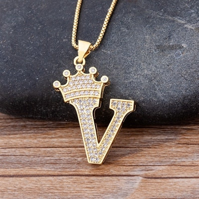 Zircon A-Z Crown Alphabet Pendant Chain Necklace Initial Name Jewelry