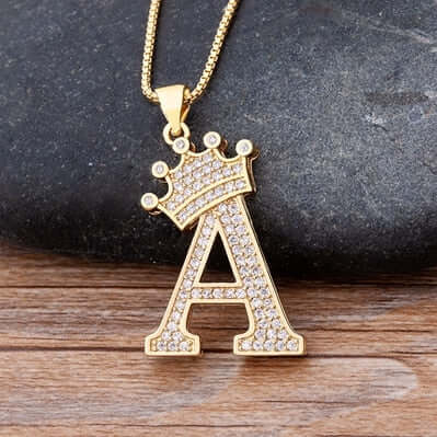 Zircon A-Z Crown Alphabet Pendant Chain Necklace Initial Name Jewelry