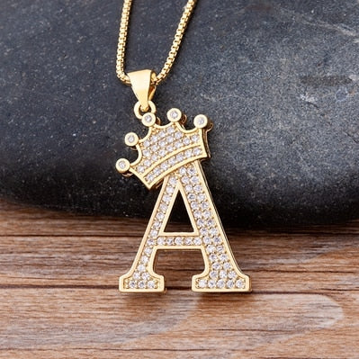 Zircon A-Z Crown Alphabet Pendant Chain Necklace Initial Name Jewelry