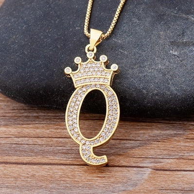 Zircon A-Z Crown Alphabet Pendant Chain Necklace Initial Name Jewelry