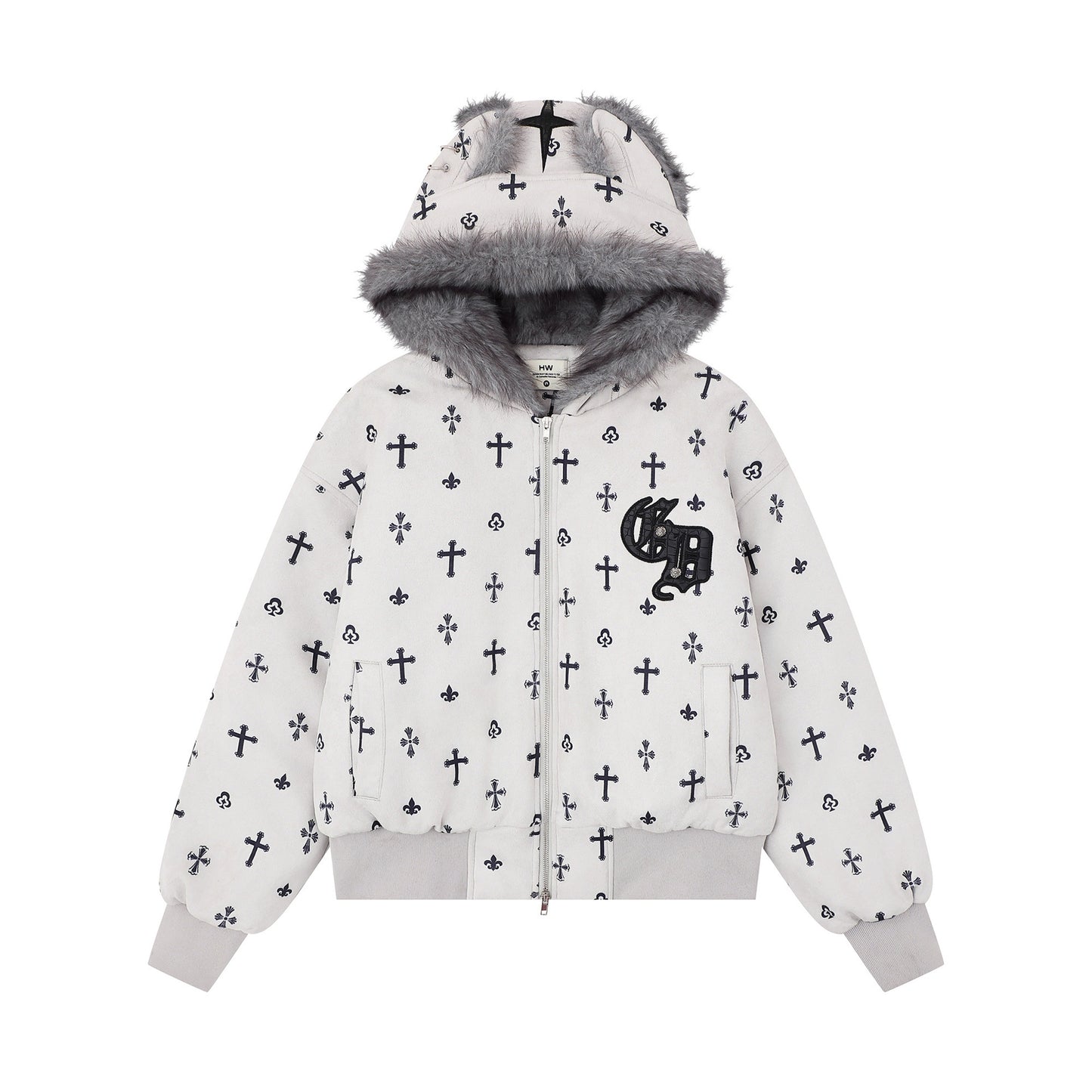 Cross printed plush ears with hood and cotton jacket