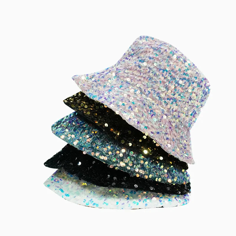 Sequin fisherman hat children can wear basin hats on both sides trendy men sun protection and shading