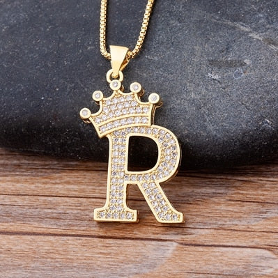 Zircon A-Z Crown Alphabet Pendant Chain Necklace Initial Name Jewelry