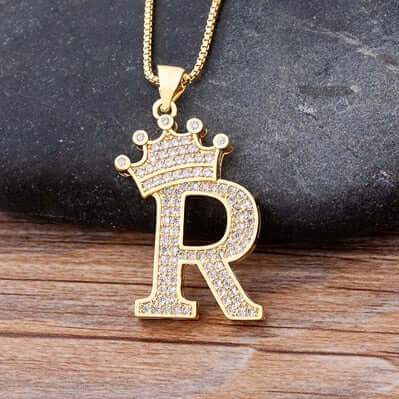 Zircon A-Z Crown Alphabet Pendant Chain Necklace Initial Name Jewelry