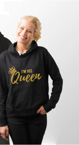 Couple Hooded Sweatshirt with Fleece Lining "I Am His King Queen&quotGold Letter Creative Sweatshirt