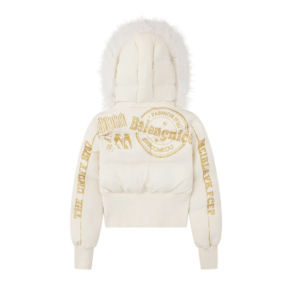 Short Puffer Jacket with Detachable Fur Collar and Hood