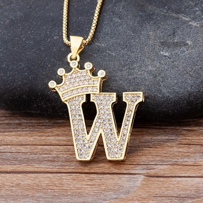 Zircon A-Z Crown Alphabet Pendant Chain Necklace Initial Name Jewelry