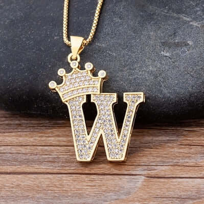 Zircon A-Z Crown Alphabet Pendant Chain Necklace Initial Name Jewelry