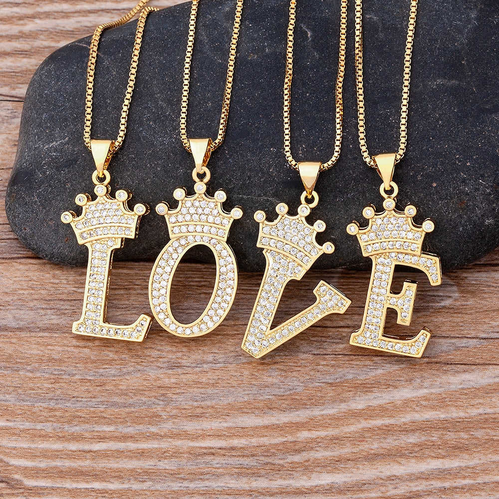 Zircon A-Z Crown Alphabet Pendant Chain Necklace Initial Name Jewelry