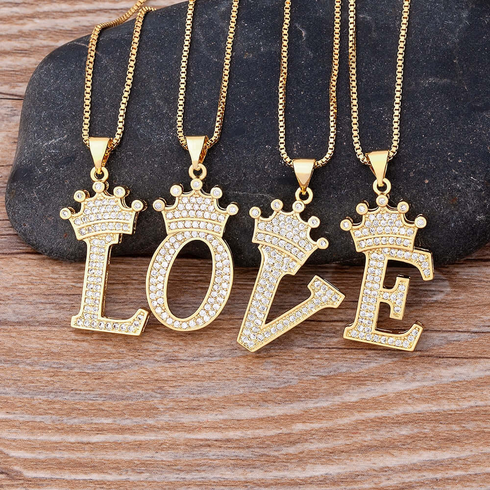 Zircon A-Z Crown Alphabet Pendant Chain Necklace Initial Name Jewelry