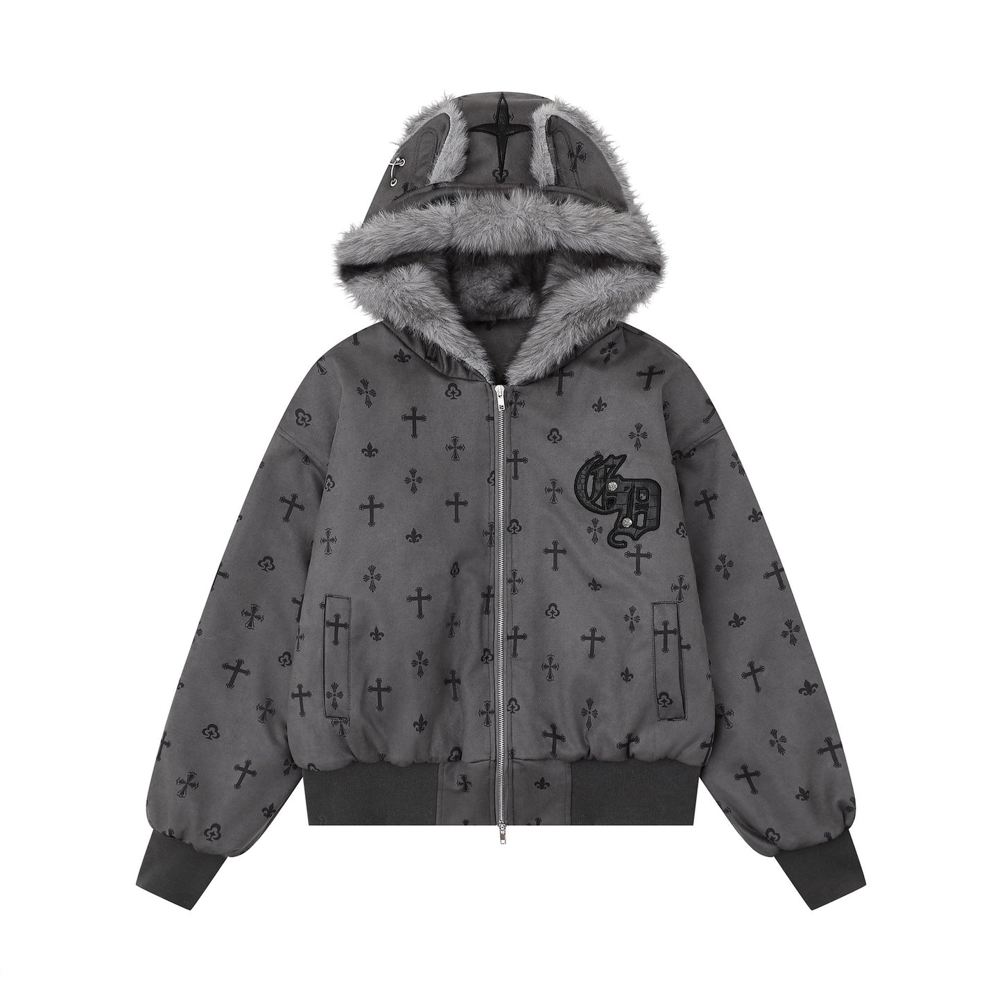 Cross printed plush ears with hood and cotton jacket