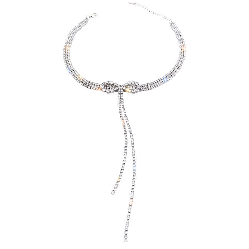 Niche High Quality Bow Diamond Tassel Necklace Personality Necklace Ladies Ins Cool Style Accessories