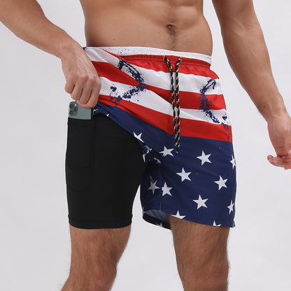 New Mens Casual Beach Sports Shorts Printed Double Layer Shorts Mens Anti glare Plus Size