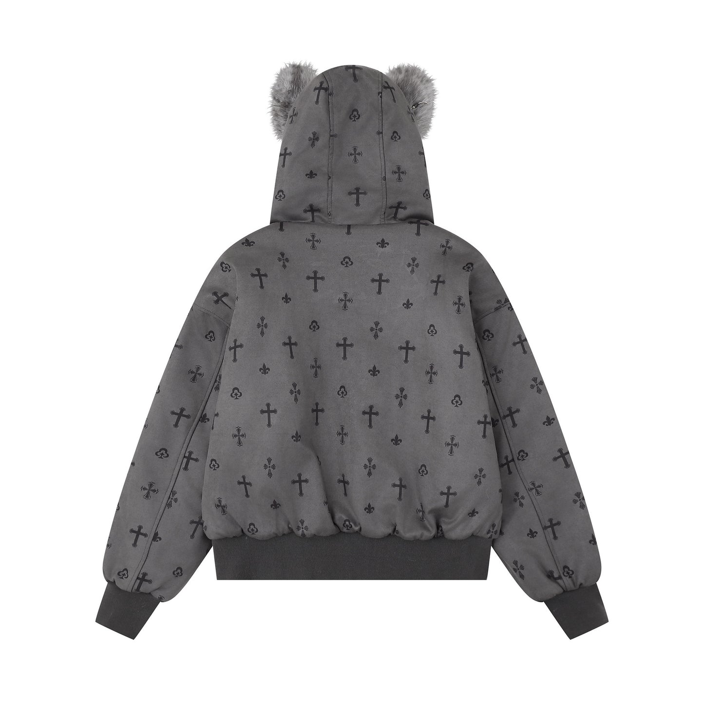 Cross printed plush ears with hood and cotton jacket