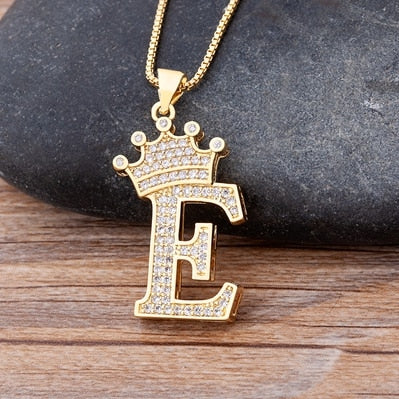 Zircon A-Z Crown Alphabet Pendant Chain Necklace Initial Name Jewelry