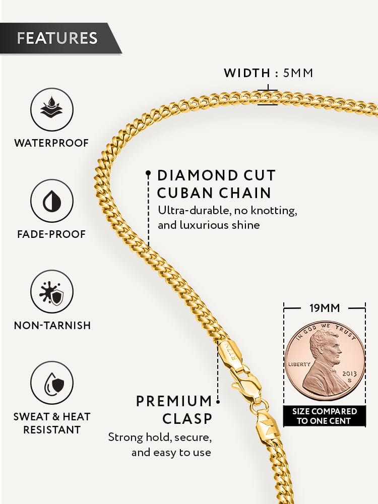 Gold Cuban link chain with 5mm width, diamond cut for luxurious shine, elegant and professional style accessory. - Gold Cuban Link Chain (5mm) - 18 inches - RTZN, Shopify Collective