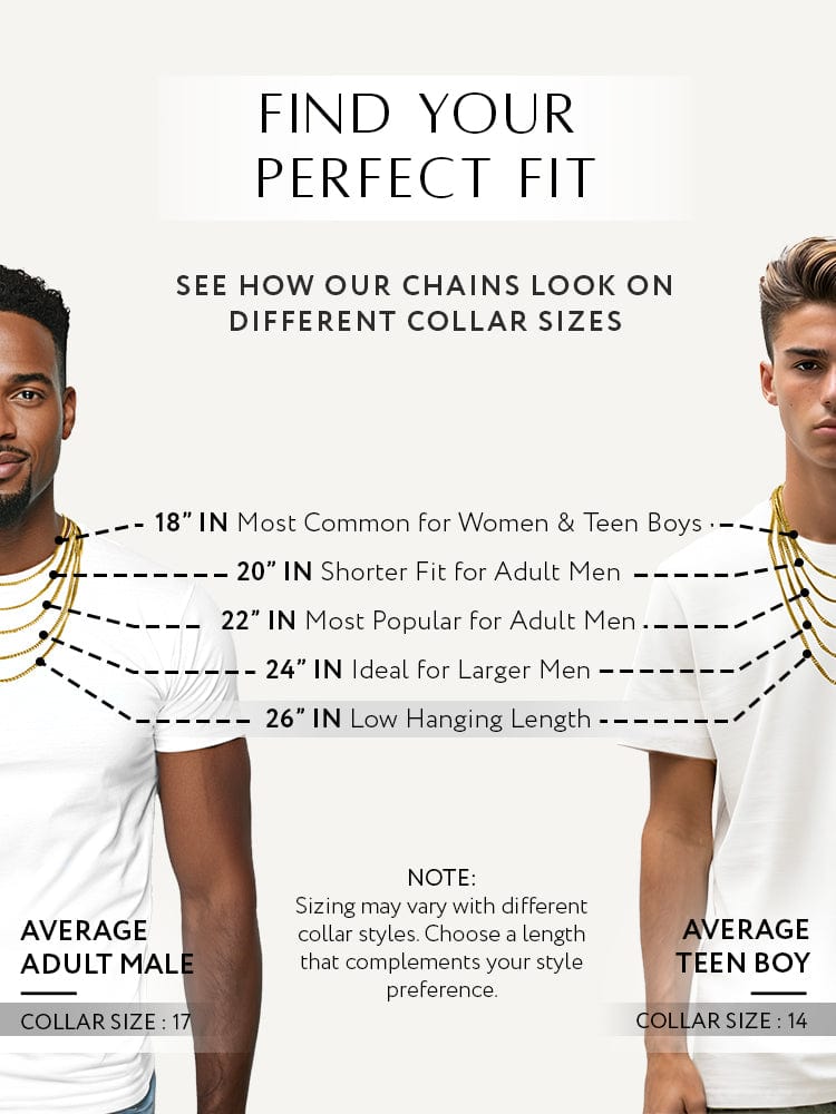 Gold Cuban link chain on dark skin, styled in multiple lengths showcasing elegant luxury accessories for business and. - Gold Cuban Link Chain (5mm) - 18 inches - RTZN, Shopify Collective