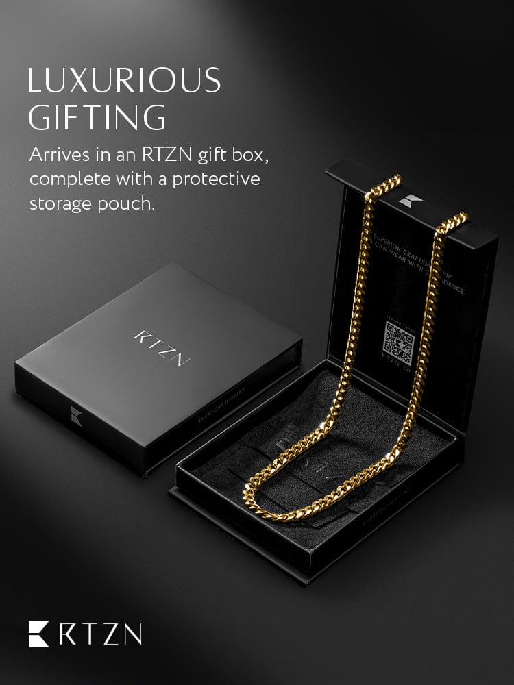 Luxury gold Cuban link chain in 5mm thickness displayed in elegant black RTZN gift box, perfect professional accessory for. - Gold Cuban Link Chain (5mm) - 18 inches - RTZN, Shopify Collective