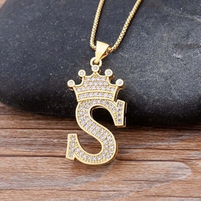 Zircon A-Z Crown Alphabet Pendant Chain Necklace Initial Name Jewelry