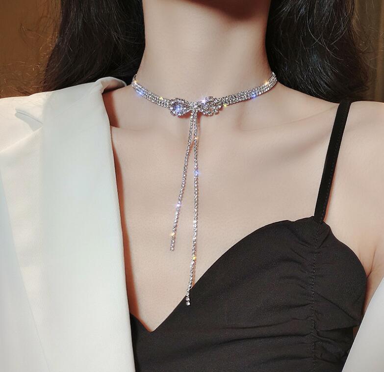 Niche High Quality Bow Diamond Tassel Necklace Personality Necklace Ladies Ins Cool Style Accessories